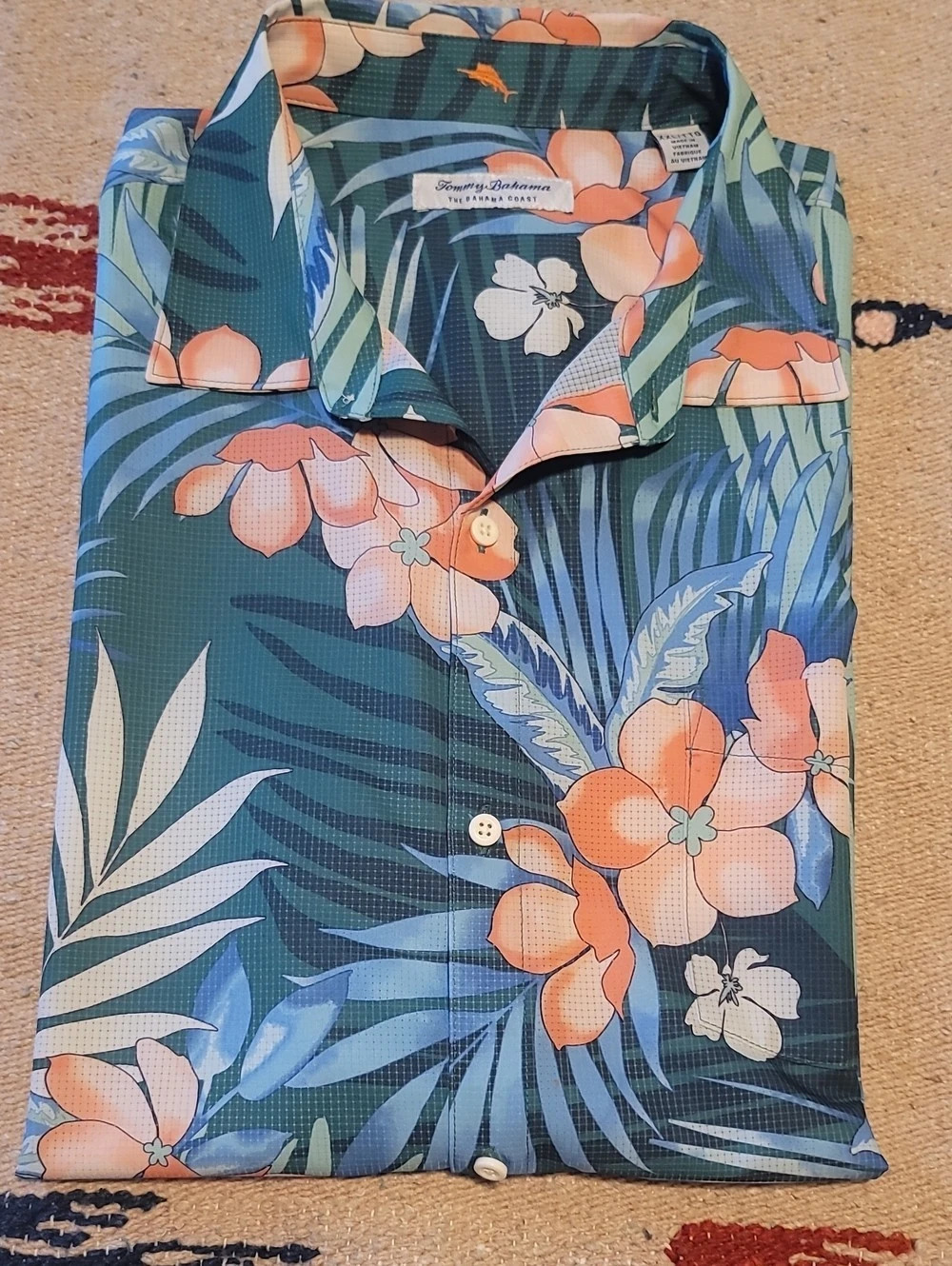 Tommy Bahama Tropical Hawaiian Floral Shirt Blue Green and Coral Floral Print